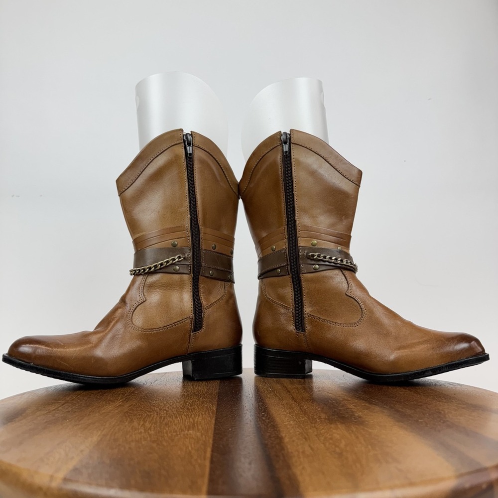 New Womens Sandro Moscoloni Robin Belted Brown Leather Cowboy Boots‎ Size 7 M - Picture 6 of 9